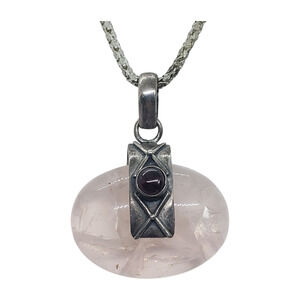 Sterling Silver 925 Rose Quartz & Garnet Cabochon Necklace On Snake Chain